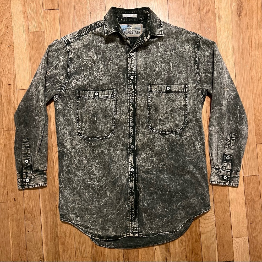 Vintage Aeropostale Mens Large Button Up Shirt Denim Acid Wash Green